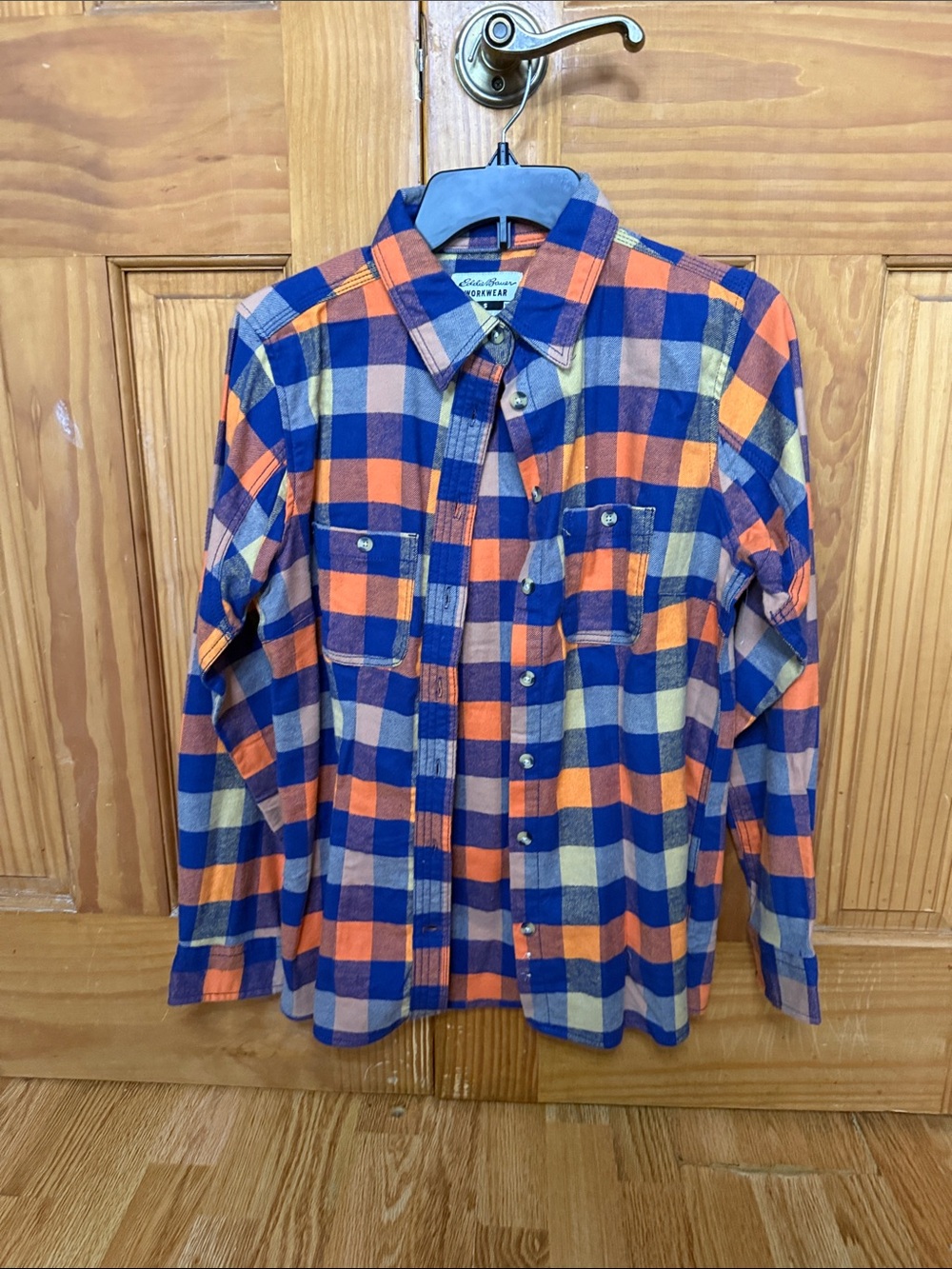 Eddie Bauer Blue, Orange & Cream Plaid Button-Down Shirt